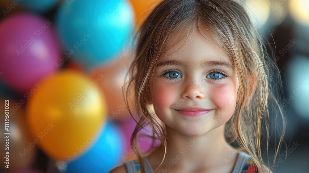 A young girl with blue eyes smiles brightly in front of colorful balloons, capturing a joyful moment. Her light brown hair is gently tousled, enhancing her charm. A young girl with blue eyes smiles brightly in front of colorful balloons, capturing a joyful moment. Her light brown hair is gently tousled, enhancing her charm.