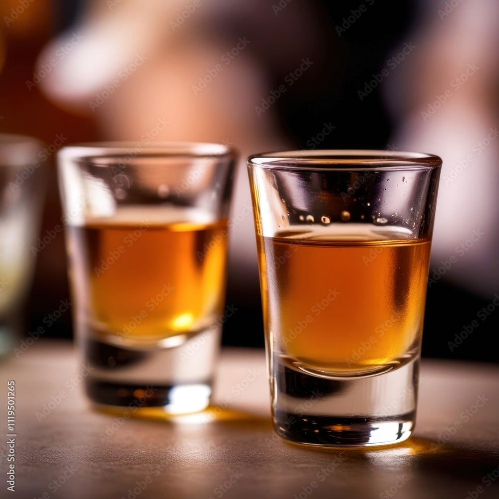 Two shot glasses of liquor are on a table Two shot glasses of liquor are on a table