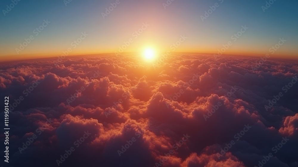 Vibrant Sunset Over a Sea of Clouds with Golden Rays Illuminating the Horizon in a Tranquil and Serene Sky at Dusk Vibrant Sunset Over a Sea of Clouds with Golden Rays Illuminating the Horizon in a Tranquil and Serene Sky at Dusk