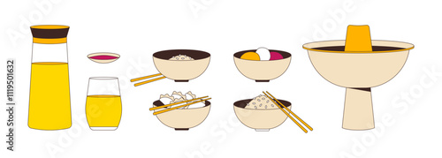 Authentic chinese cuisine 2D cartoon objects set. Drinkware. Rice bowls, glutinous rice balls, dumplings meal isolated elements flat vector cliparts on white background. Spot illustrations collection