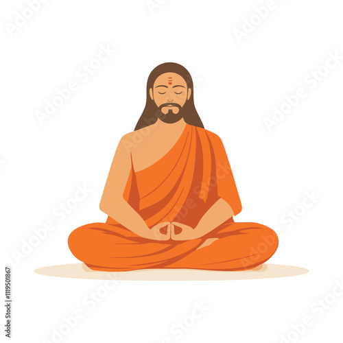 Spiritual Man Meditating in Lotus Pose Wearing Traditional Orange Robe Illustration