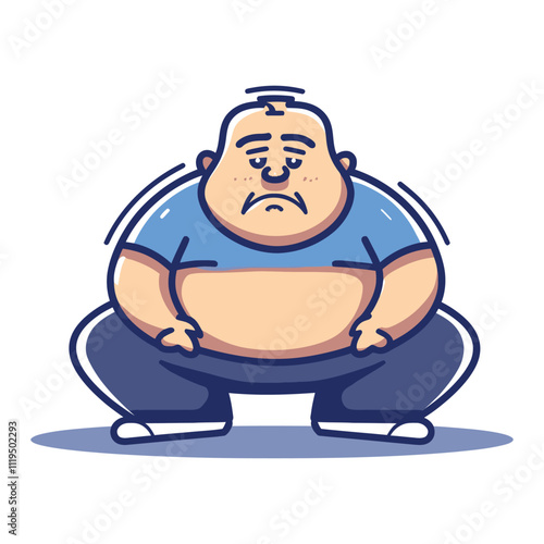 Sad Overweight Man Sitting on the Ground Flat Vector Illustration