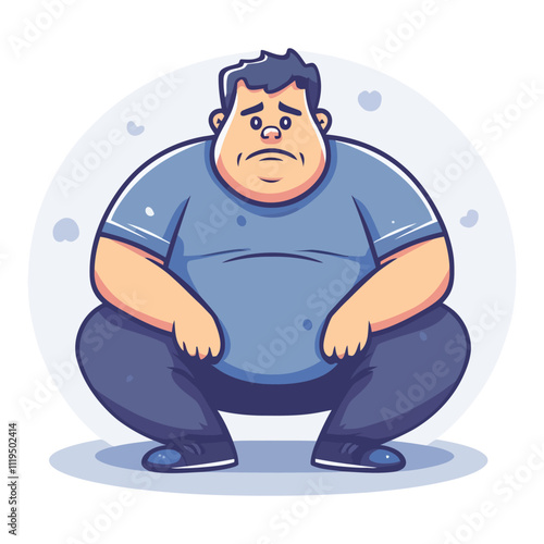 Obese Man Sitting with a Sad Expression Flat Vector Illustration