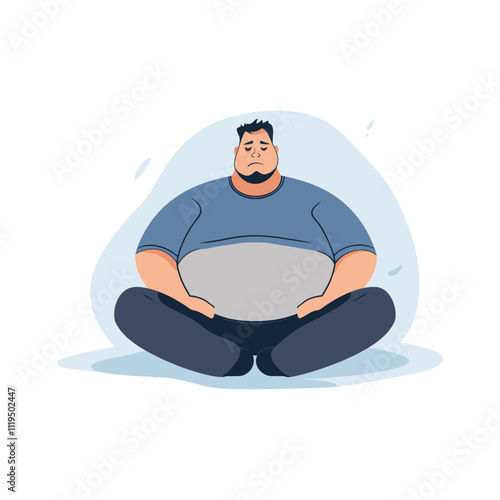 Flat Vector Illustration of a Sad Fat Man Sitting on the Floor
