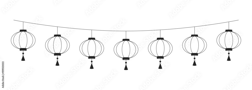 Paper lanterns hanging on string black and white 2D line object. Lunar new year decoration. Lantern festival. Chinese ornaments isolated clip art vector outline item. Monochromatic spot illustration Paper lanterns hanging on string black and white 2D line object. Lunar new year decoration. Lantern festival. Chinese ornaments isolated clip art vector outline item. Monochromatic spot illustration