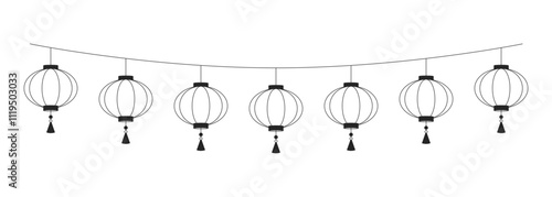 Paper lanterns hanging on string black and white 2D line object. Lunar new year decoration. Lantern festival. Chinese ornaments isolated clip art vector outline item. Monochromatic spot illustration