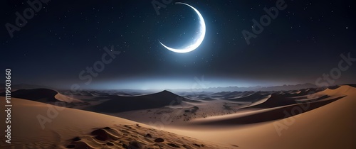 A wallpaper of a crescent moon and star glowing above a desert oasis under a starfilled night sky photo