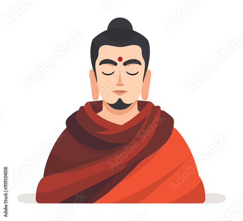 Buddha with Closed Eyes in Meditation, Draped in Robe, Flat Vector Illustration