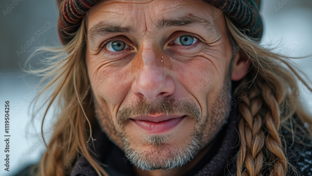Portrait of a Man With Braided Hair and Blue Eyes Smiling in a Snowy Setting During Dusk Portrait of a Man With Braided Hair and Blue Eyes Smiling in a Snowy Setting During Dusk