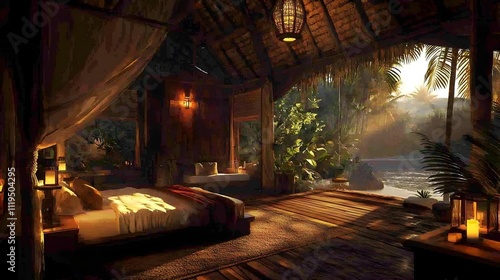 Tranquil sunrise view from a cozy jungle bedroom. Wooden bungalow, river, and lush foliage.