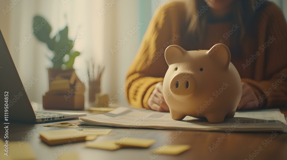 Piggy bank sits on a desk near a person reviewing papers, symbolizing saving and financial planning. Piggy bank sits on a desk near a person reviewing papers, symbolizing saving and financial planning.