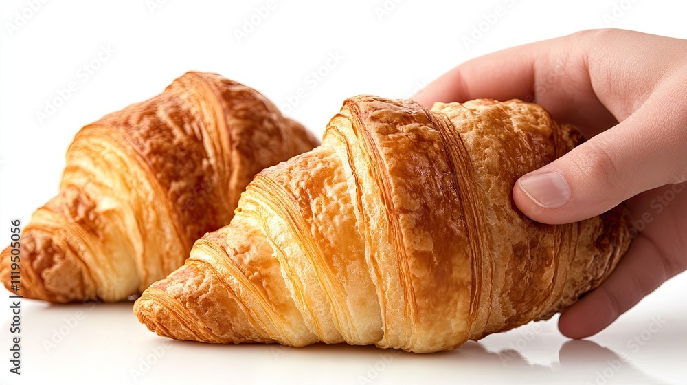 A croissant is in the center of a hand reaching for one on a white background. A croissant is in the center of a hand reaching for one on a white background.