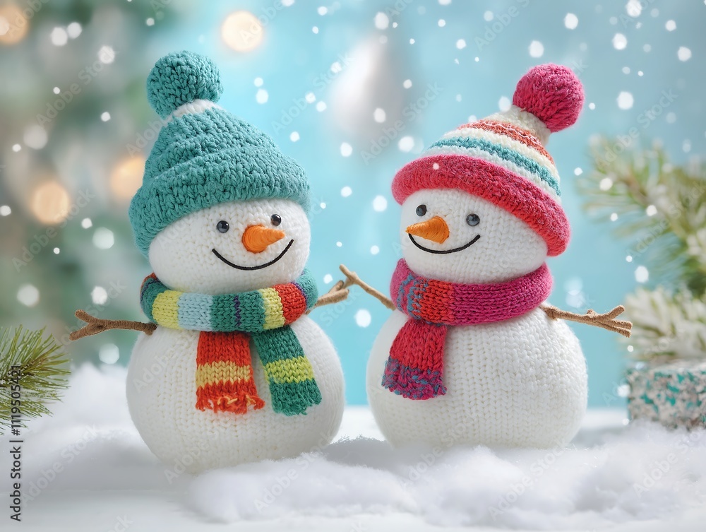 Two snowmen are posed with one wearing a scarf Two snowmen are posed with one wearing a scarf