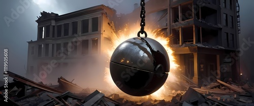 An oil painting of a wrecking ball midswing against a partially demolished building under dramatic lighting photo