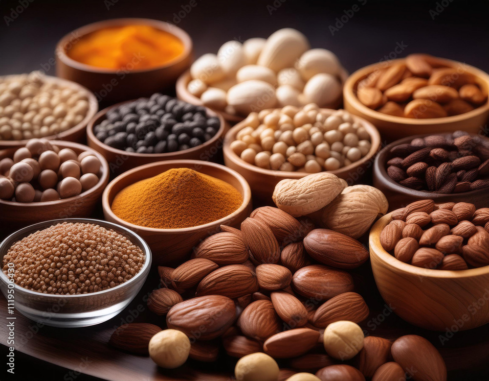 Healthy Eating - Nuts, Seeds and Dried Fruits Assortment. Spices and Herbs for Food Labels. Seasonings and Flavorings. Healthy Eating - Nuts, Seeds and Dried Fruits Assortment. Spices and Herbs for Food Labels. Seasonings and Flavorings.
