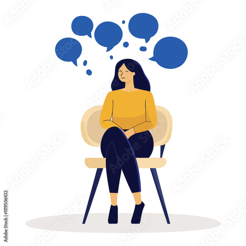 Woman in Blue Sitting on Chair with Speech Bubbles Symbolizing Communication Ideas