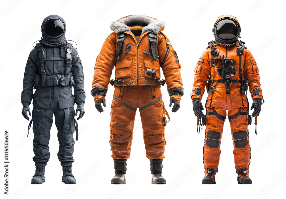 Fototapeta premium Three Astronaut Suits on Transparent Background