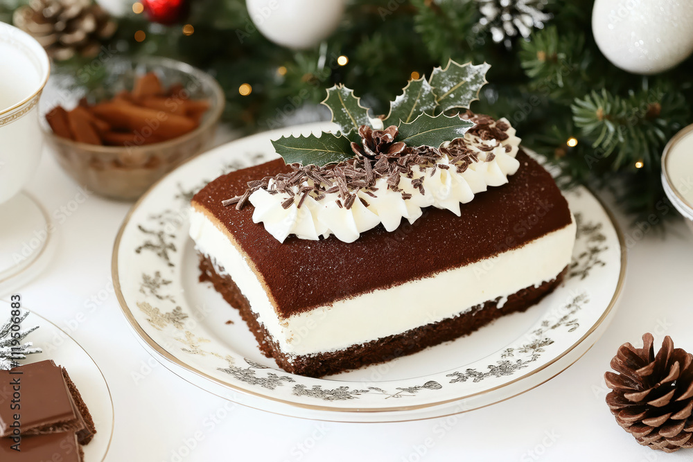 Festive chocolate yule log cake with holly decoration for Christmas dessert Festive chocolate yule log cake with holly decoration for Christmas dessert
