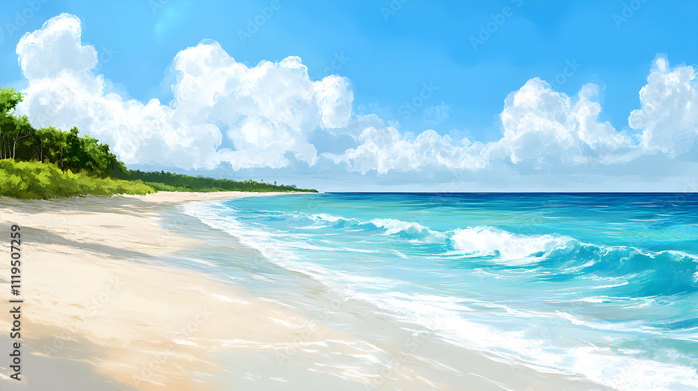 Fototapeta premium A tranquil beach scene with white sand and gentle waves
