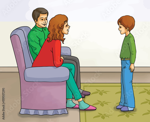 Son talking to his parents. Family conversation. Parents giving advice to their children.