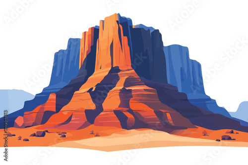 Vivid Desert Mesa with Orange and Blue Layers in Flat Vector Illustration