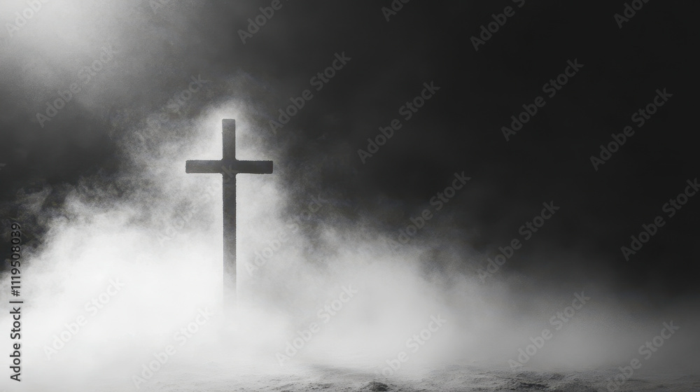 Cross in foggy landscape with dramatic lighting and dark atmosphere Cross in foggy landscape with dramatic lighting and dark atmosphere