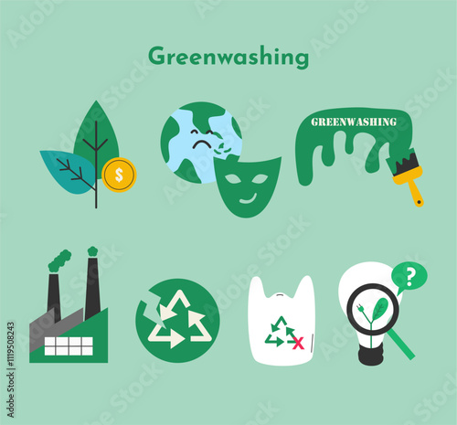 Greenwashing Icon Set. Sustainability Greenwashing vector icon illustration suitable for infographic, sustainability campaign, education and awareness. 