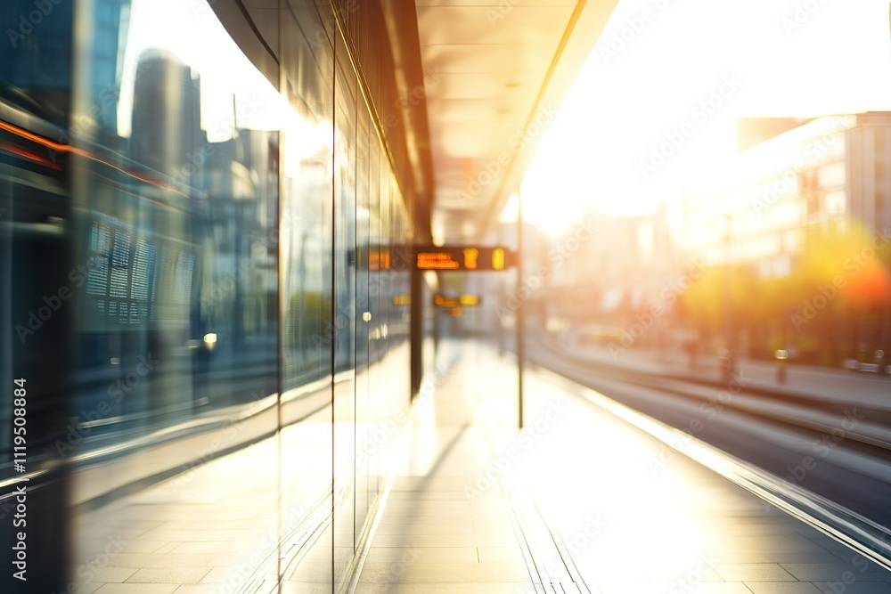 Sunlit modern train station with reflections and city backdrop Sunlit modern train station with reflections and city backdrop