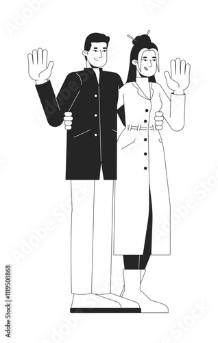 Fashionable chinese couple in winter outerwear waving hands black and white 2D line characters. Asian boyfriend girlfriend greeting isolated vector outline people. Monochromatic spot illustration