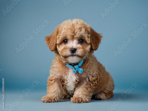 Cute maltipoo puppy dog on light blue background with copyspace photo