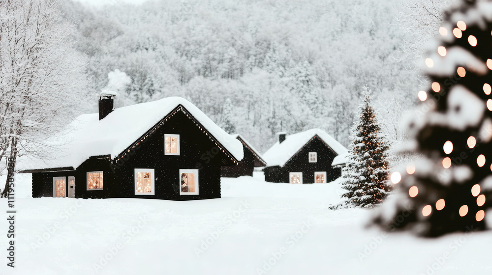 Snowy winter scene with cozy black cabins and a decorated tree Snowy winter scene with cozy black cabins and a decorated tree