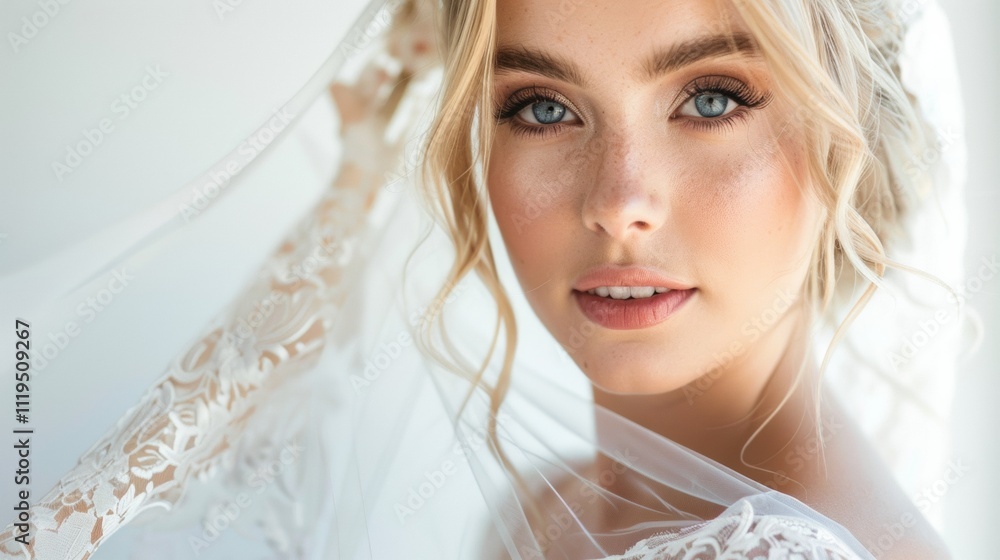 A close-up portrait of a beautiful bride with radiant skin, soft makeup, and a lace veil against a light background. This elegant image represents love, romance, and wedding celebrations. A close-up portrait of a beautiful bride with radiant skin, soft makeup, and a lace veil against a light background. This elegant image represents love, romance, and wedding celebrations.