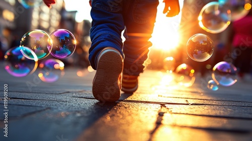 A child joyfully walks forward into the warm sunlight, surrounded by floating bubbles, capturing a moment of innocence, delight, and the pure essence of childhood joy. photo