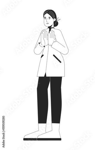 Modern chinese woman in autumn coat clapping hands black and white 2D line character. Applauding asian lady with chopsticks hair bun isolated vector outline person. Monochromatic spot illustration