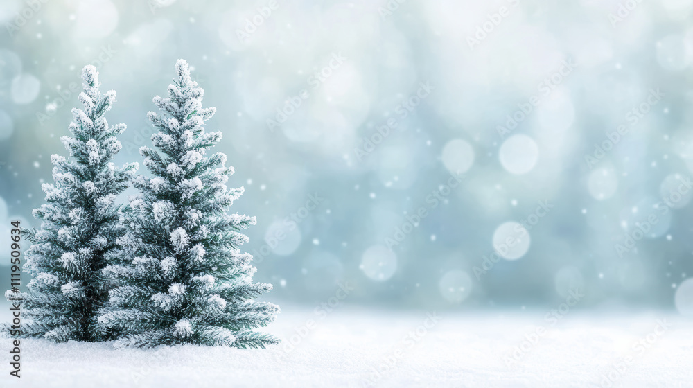 Snow covered Christmas trees in a winter wonderland holiday background Snow covered Christmas trees in a winter wonderland holiday background