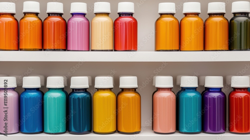 A vibrant display of colorful paint bottles arranged neatly on shelves, showcasing a variety of hues and shades. A vibrant display of colorful paint bottles arranged neatly on shelves, showcasing a variety of hues and shades.