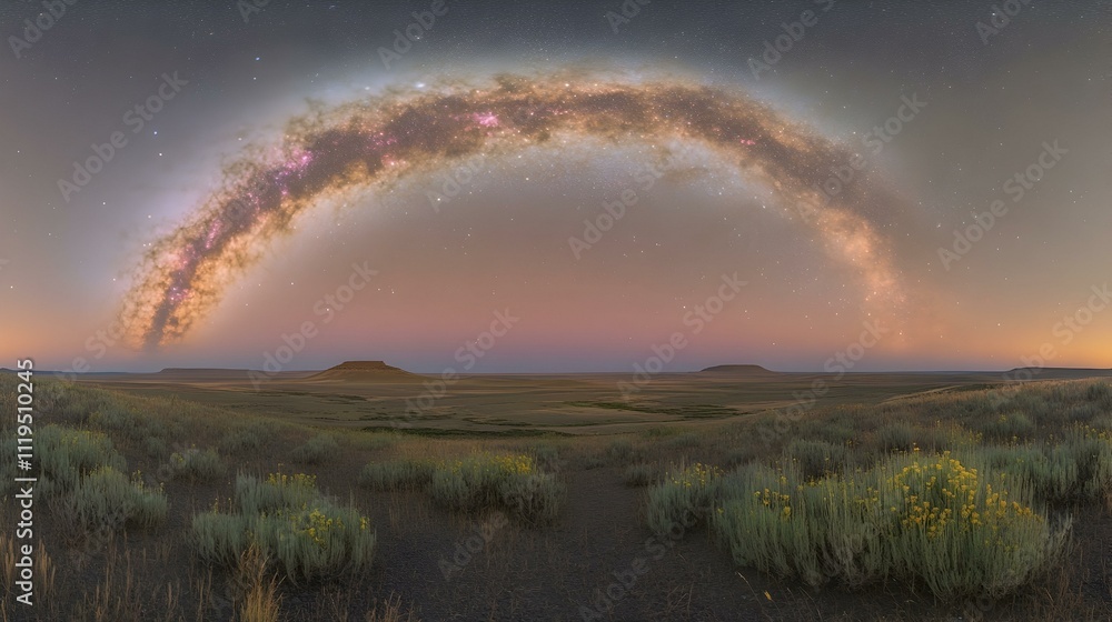 Majestic Milky Way arching over a serene desert landscape at twilight. Image perfect for astronomy, nature, and travel themes. Majestic Milky Way arching over a serene desert landscape at twilight. Image perfect for astronomy, nature, and travel themes.