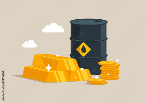Stack of gold bar bullion and oil barrel. Vision plan and perspective. Trading oil. Invest in fuel. Investment, wealth management. Modern vector illustration in flat style