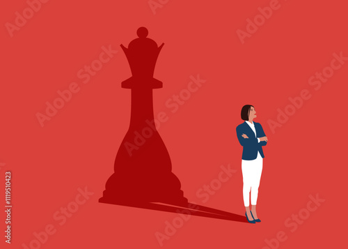 Confident lady dreams of becoming a chess queen. Intellectual game, strategy, politics. Confident handsome young girl standing superhero shadow concept illustration.