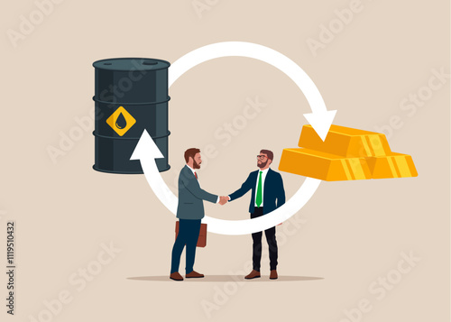 Businesspeople shaking hand. Exchange stack of gold bar bullion to  oil. Vision plan and perspective. Trading oil and gold bar bullion. Modern vector illustration in flat style
