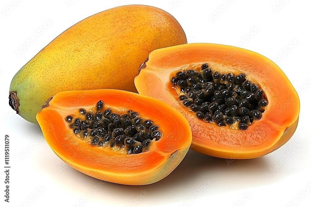 Ripe papaya fruit halves and whole showing seeds Ripe papaya fruit halves and whole showing seeds