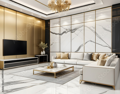 A living room modern luxury style with interior design built-in, marble wall with tv cabinet with stylish sofa and gold stanless decoration photo