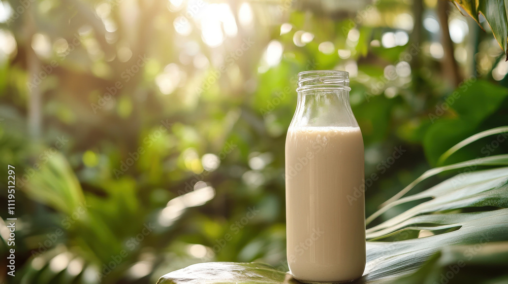 Fresh milk in a glass bottle placed on a green leaf surrounded by lush vegetation and soft sunlight illuminating the scene in the background Fresh milk in a glass bottle placed on a green leaf surrounded by lush vegetation and soft sunlight illuminating the scene in the background