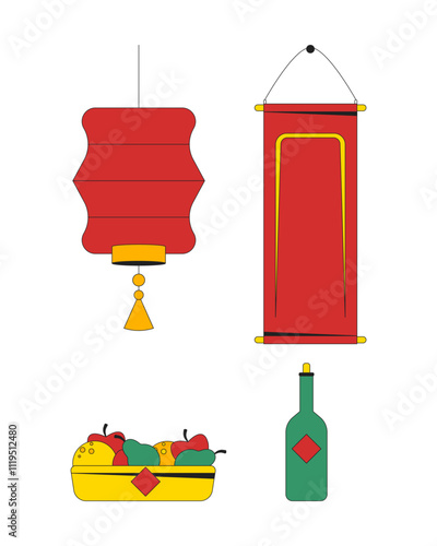 Feng Shui ornaments spring festival 2D cartoon objects set. Chinese New Year tapestry, paper lantern, fruits asian wine isolated elements flat vector cliparts on white. Spot illustrations collection