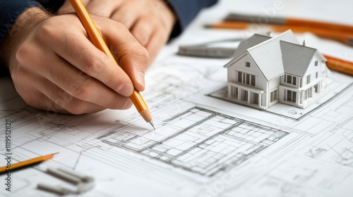 Architect Designing House Plans With Pencil And Model photo