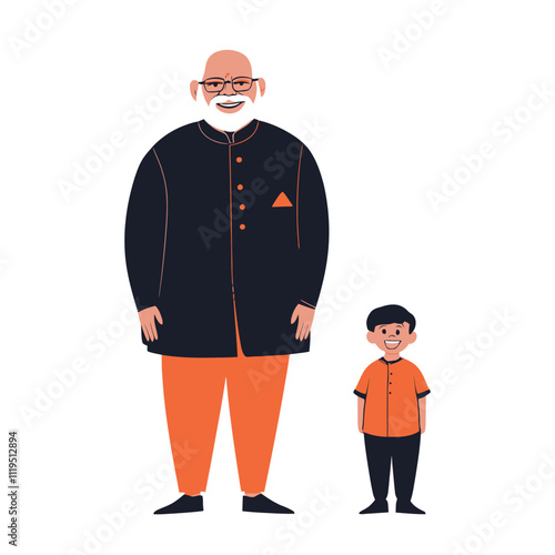 Smiling Grandfather and Grandson Standing Together in Traditional Clothing