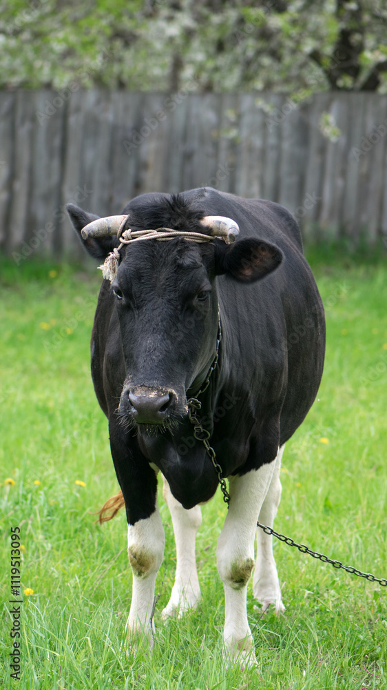 cow. Dairy cow in the pasture. black young cow, stands on green grass. spring day. milk farm. home animal. cattle. the cow is grazing in the meadow. close-up. animal near the house cow. Dairy cow in the pasture. black young cow, stands on green grass. spring day. milk farm. home animal. cattle. the cow is grazing in the meadow. close-up. animal near the house