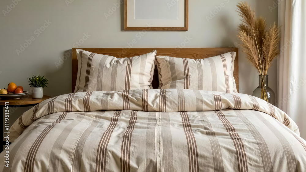 Striped linen duvet cover with mocha mousse stripes in a cottage-style bedroom. Cottagecore, color of the year 2025. Striped linen duvet cover with mocha mousse stripes in a cottage-style bedroom. Cottagecore, color of the year 2025.