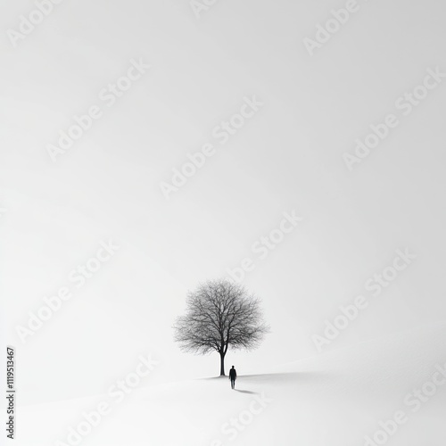 Solitary Figure Walking Towards a Winter Tree