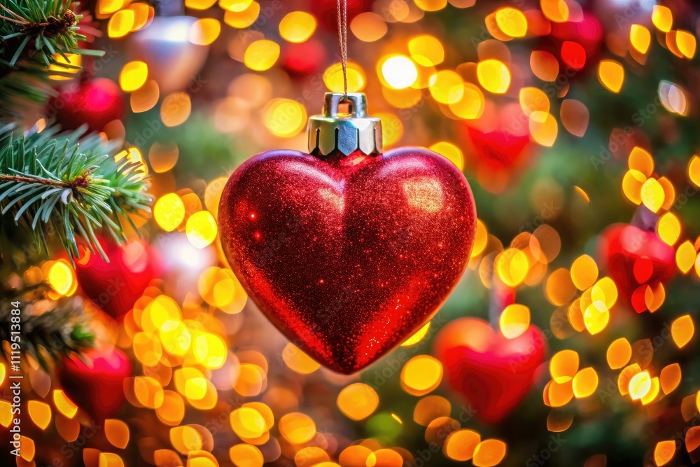 Bokeh Lights Red Heart Ornament Christmas Decoration Festive Holiday Background Bokeh Lights Red Heart Ornament Christmas Decoration Festive Holiday Background
